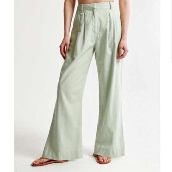 Abercrombie & Fitch Sloane Pants Women Large Green Tailor Linen Wide Leg Pleated - Picture 1 of 15